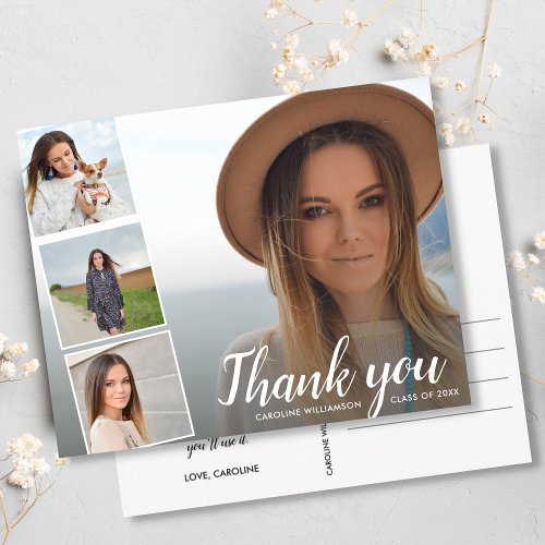 Chic Script 4 Photo Collage Graduation Thank You Postcard