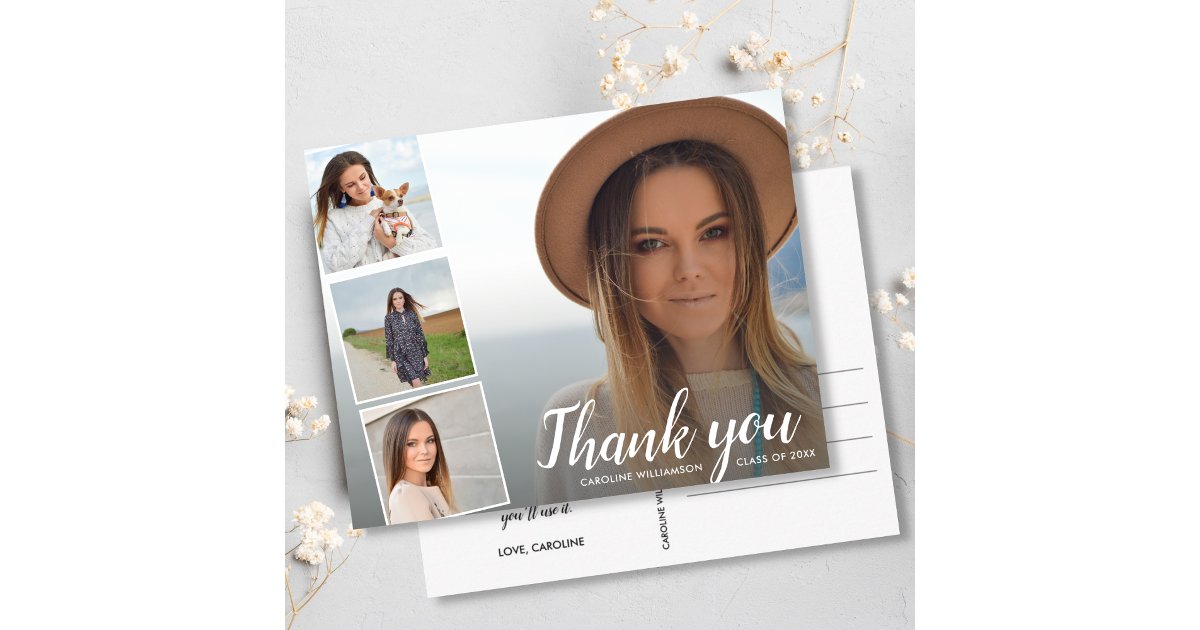 Chic Script 4 Photo Collage Graduation Thank You Postcard | Zazzle