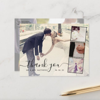 Chic Script 4 Photo Collage Wedding Thank You Postcard