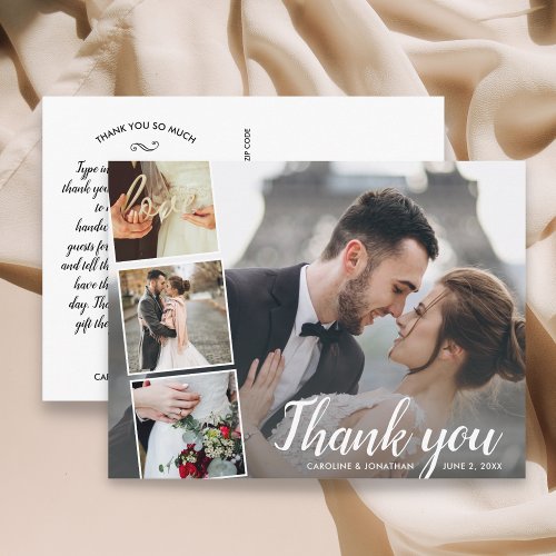Chic Script 4 Photo Collage Wedding Thank You Postcard