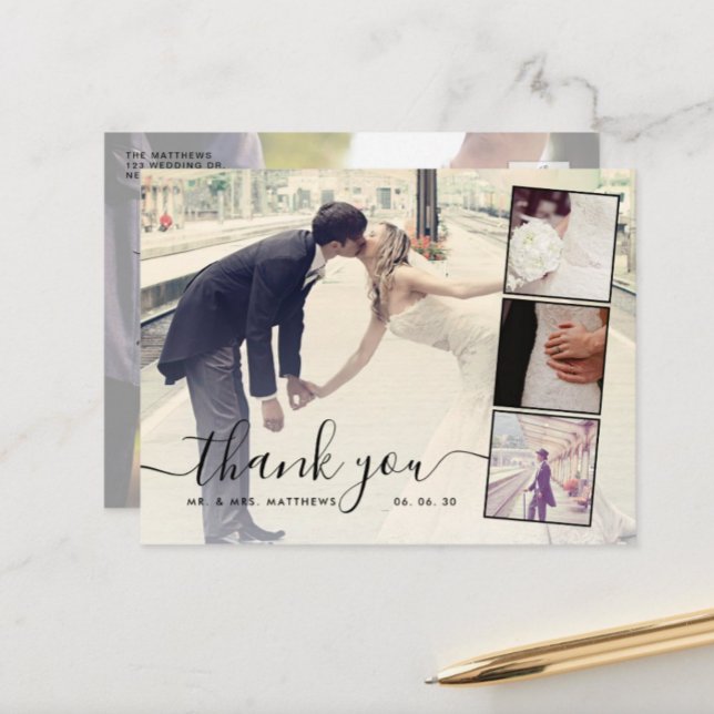 Chic Script 4 Photo Collage Wedding Thank You Postcard (Creator Uploaded)