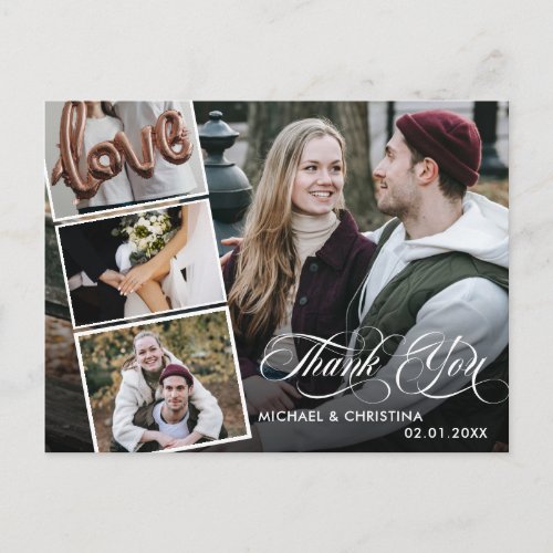 Chic Script 4 Photo Collage Wedding Thank You Postcard