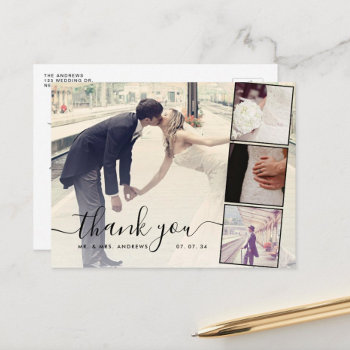 Chic Script 4 Photos Collage Wedding Thank You Postcard by monogramgallery at Zazzle