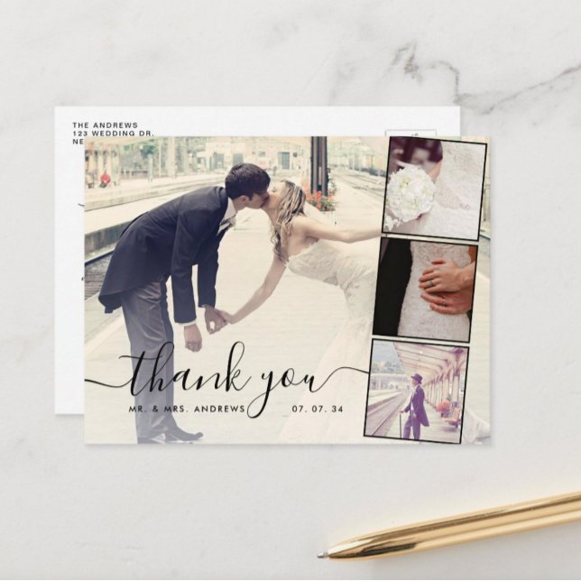 Chic Script 4 Photos Collage Wedding Thank You Postcard (Creator Uploaded)