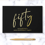 Chic Script 50th Birthday Party Foil Guest Book<br><div class="desc">Elevate her 50th birthday party with this elegant black guestbook featuring genuine gold foil,  "fifty" in a large chic script and her name in modern typography. Personalize the title on the spine and change the foil color to silver or rose gold if desired.</div>