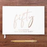 Chic Script 50th Birthday Party Rose Gold Foil Guest Book<br><div class="desc">Elevate her 50th birthday party with this elegant white guestbook featuring genuine rose gold foil,  "fifty" in a large chic script and her name in modern typography,  Personalize the title on the spine and change the foil color to silver or gold if desired.</div>