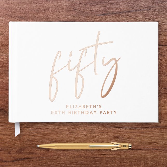 Chic Script 50th Birthday Party Rose Gold Foil Guest Book (Creator Uploaded)