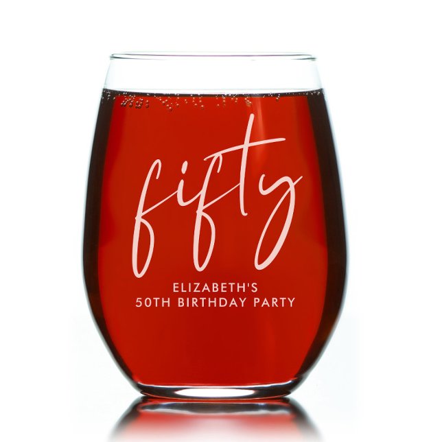 Chic Script 50th Birthday Party Stemless Wine Glass (Creator Uploaded)