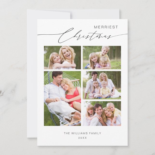 Chic Script 5 Family Photo Collage Christmas Holiday Card (Front)