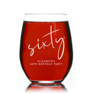 Chic Script 60th Birthday Party Stemless Wine Glass