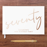 Chic Script 70th Birthday Party Rose Gold Foil Guest Book<br><div class="desc">Elegant guestbook for her 70th birthday party featuring genuine rose gold foil,  "seventy" in a chic script and her name in simple typography. Personalize the title on the spine and change the foil color to silver or gold if desired.</div>