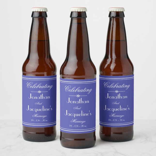 Chic Script Beautiful Blue Wedding Reception      Beer Bottle Label (Bottles)
