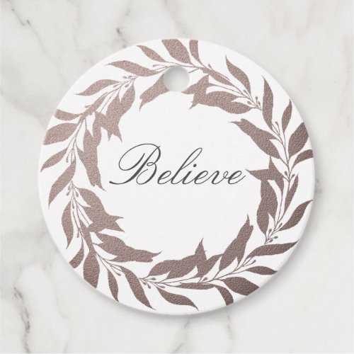 Chic Script Believe Purple Foil Wreath Christmas Favor Tags