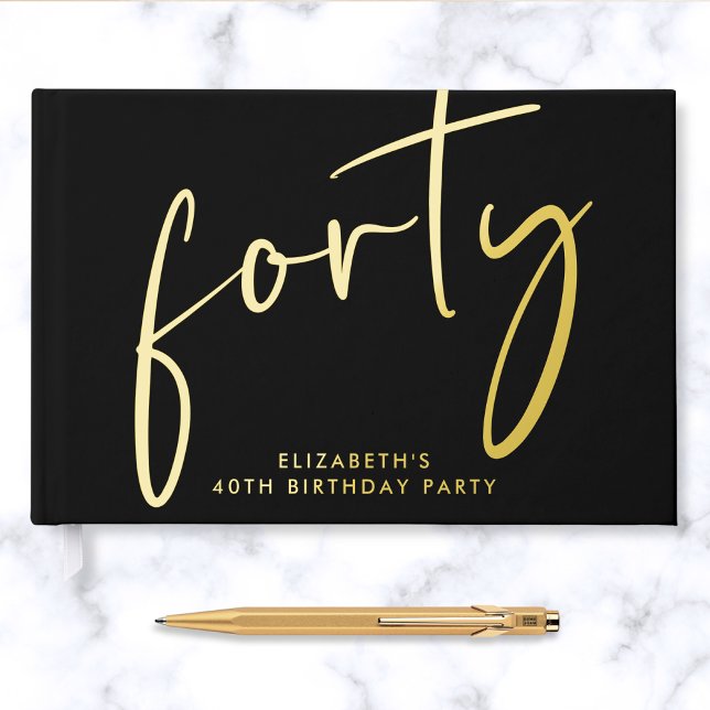 Chic Script Black 40th Birthday Party Foil Guest Book (Creator Uploaded)