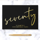 Chic Script Black 70th Birthday Party Foil Guest Book<br><div class="desc">Elegant black guestbook for her 70th birthday party featuring real gold foil,  "seventy" in a large chic script and her name in modern typography. Personalize the title on the spine and change the foil color to silver or rose gold if desired.</div>