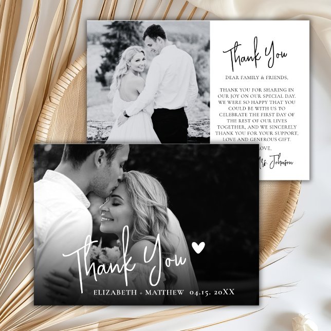 Chic Script Black and White 2 Photo Wedding  Thank You Card (Creator Uploaded)