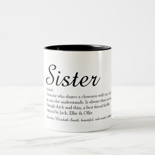 Chic Script Black and White Cool Sister Definition Two_Tone Coffee Mug
