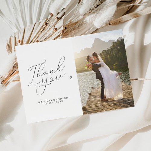 chic script black and white wedding photo thank you card