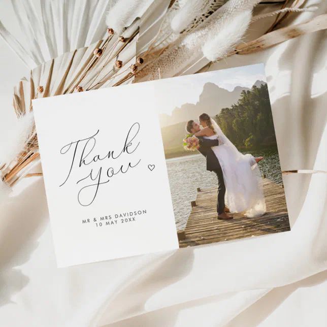 chic script black and white wedding photo thank you card | Zazzle