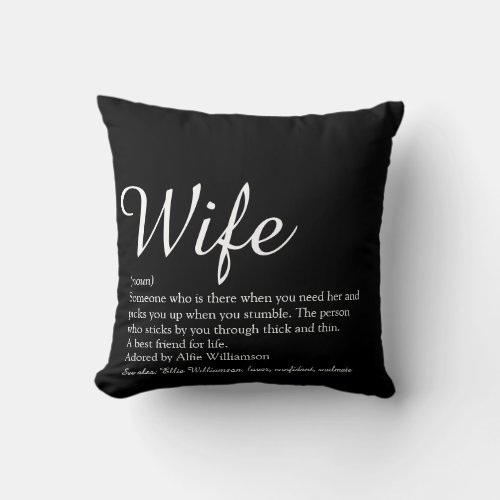Chic Script Black and White Wife Definition Throw Pillow