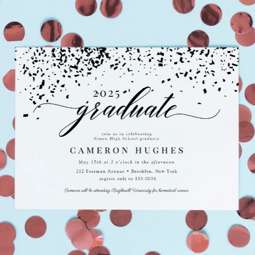 Chic Script Black Confetti Graduation Party Invitation