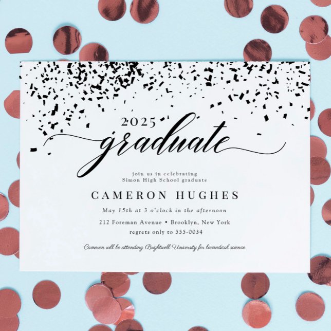 Chic Script Black Confetti Graduation Party Invitation (Creator Uploaded)