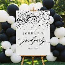 Chic Script Black Confetti Graduation Party Sign