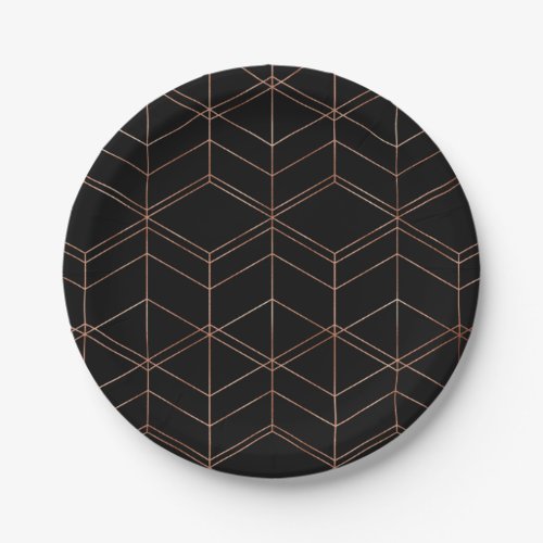 Chic Script Black  Copper Geometric Pattern Paper Plates