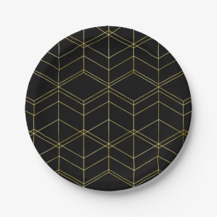 Chic Script Black & Foil Gold Geometric Pattern Paper Plates