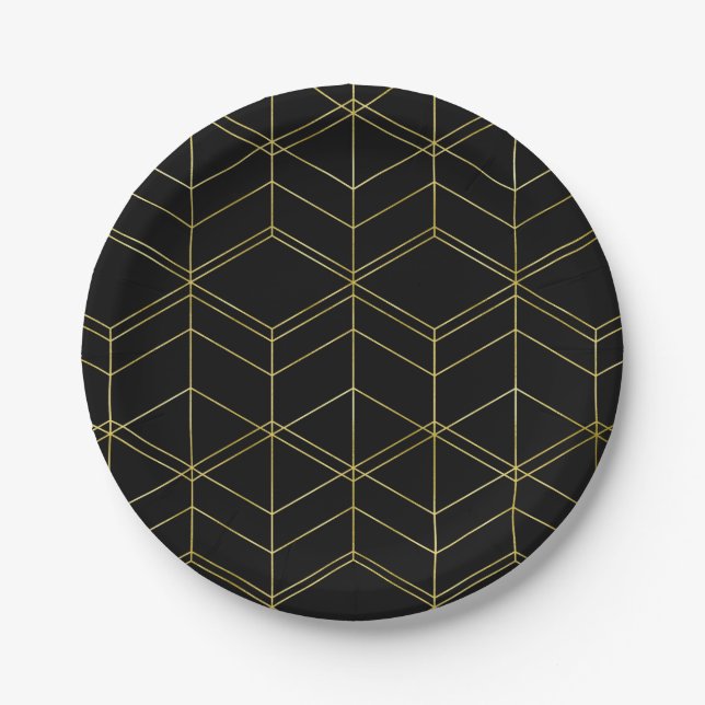 Chic Script Black & Foil Gold Geometric Pattern Paper Plates (Front)