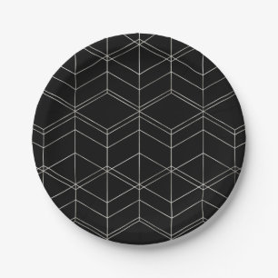 Chic Script Black & Foil Silver Geometric Pattern Paper Plates
