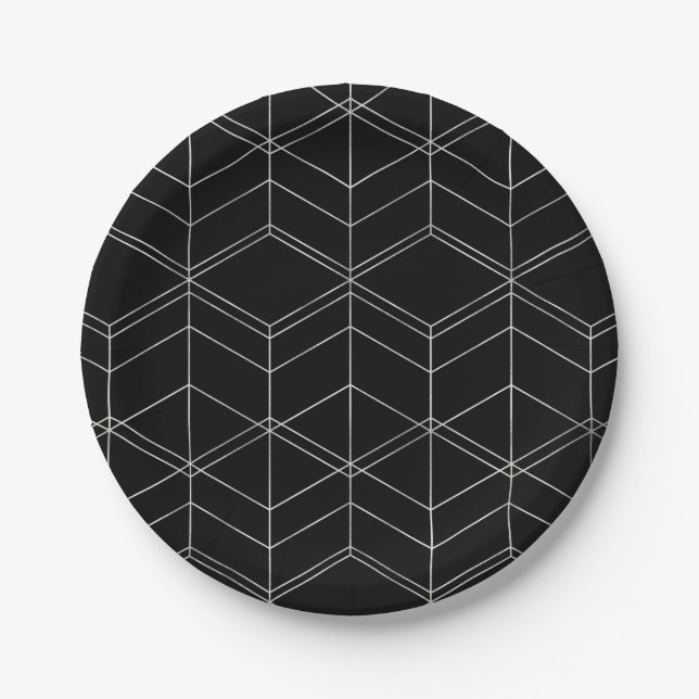 Chic Script Black & Foil Silver Geometric Pattern Paper Plates (Front)