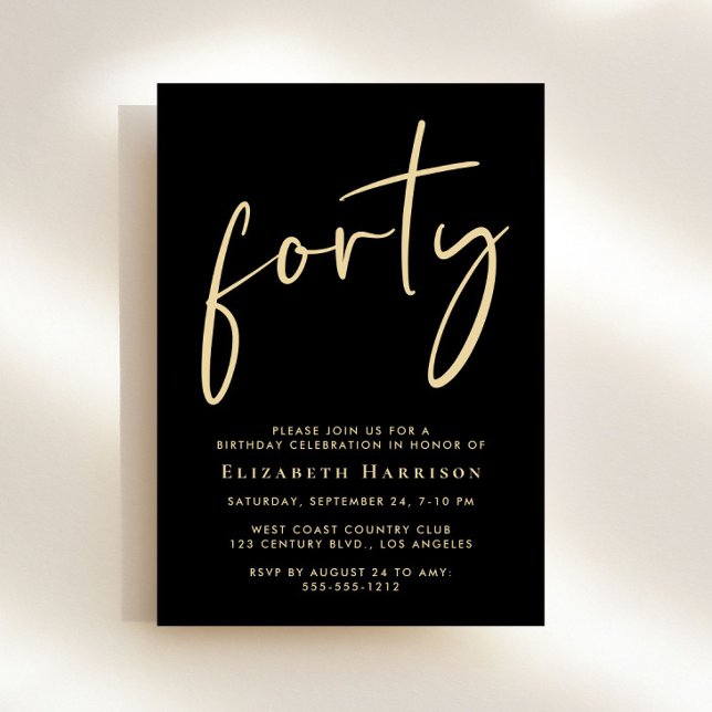 Chic Script Black Gold 40th Birthday Party Invitation (Creator Uploaded)