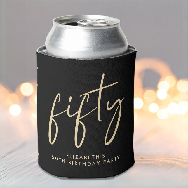 Chic Script Black Gold 50th Birthday Party Can Cooler (Creator Uploaded)