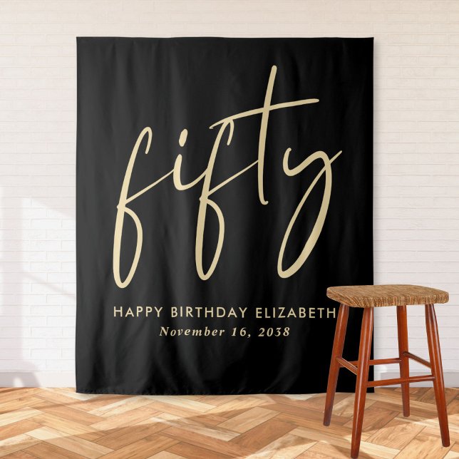 Chic Script Black Gold 50th Birthday Party Tapestry (Creator Uploaded)