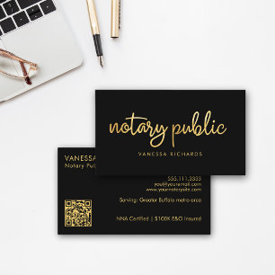 Chic Script Black & Gold Notary Name Modern QR Business Card
