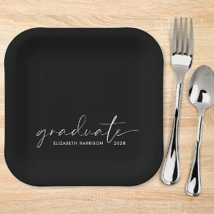 Chic Script Black Graduation Party Paper Plates