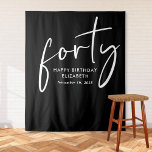 Chic Script Black White 40th Birthday Party Tapestry<br><div class="desc">Chic black 40th birthday party tapestry backdrop,  welcome sign and photo prop with "forty" showcased in a stylish white script and your name and the date in modern white lettering.</div>