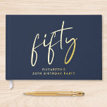 Chic Script Blue 50th Birthday Party Foil Guest Book<br><div class="desc">Elevate her 50th birthday party with this elegant dark navy blue guestbook featuring your choice of genuine gold,  silver or rose gold foil,  "fifty" in a chic script and her name in simple typography. Personalize the title on the spine.</div>