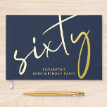 Chic Script Blue 60th Birthday Party Foil Guest Book<br><div class="desc">An chic dark blue guestbook for her 60th birthday party featuring your choice of genuine gold,  silver or rose gold foil,  "sixty" in an elegant oversized script,  her name in simple lettering and your personalized title on the spine.</div>