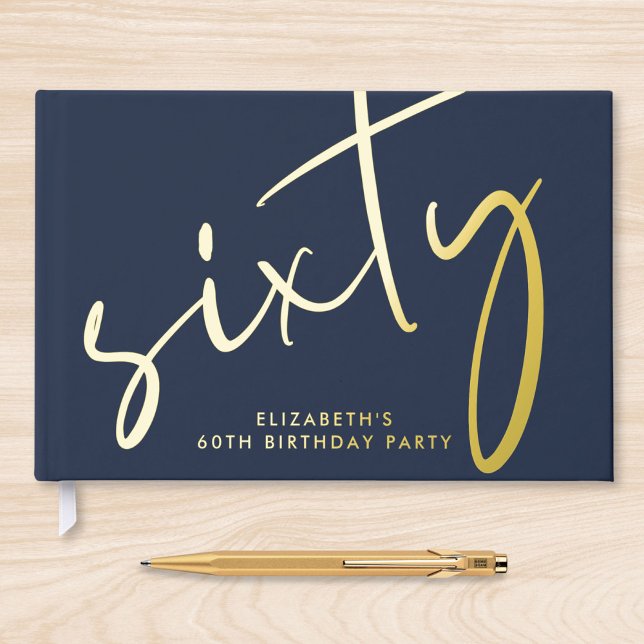 Chic Script Blue 60th Birthday Party Foil Guest Book (Creator Uploaded)