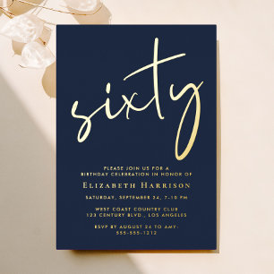 Chic Script Blue 60th Birthday Party Gold Foil Invitation