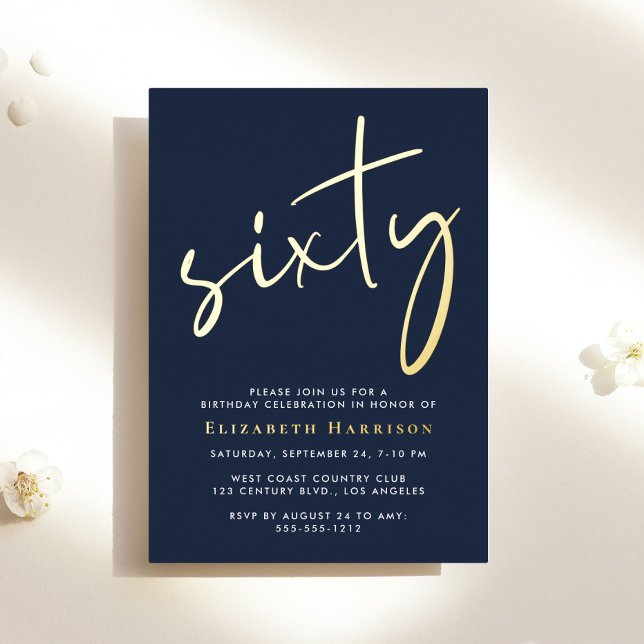 Chic Script Blue 60th Birthday Party Gold Foil Invitation (Creator Uploaded)