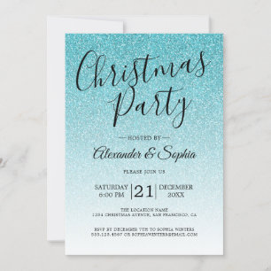 Chic Script Blue Glitter Ombre Christmas Party Invitation