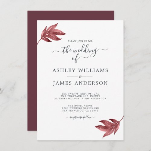 Chic Script Burgundy Leaf Minimal Wedding Invitation