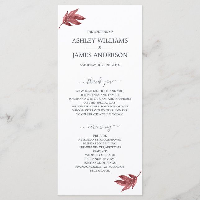 Chic Script Burgundy Leaf Minimal Wedding Program (Front)