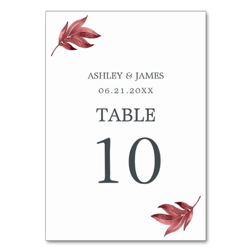 Chic Script Burgundy Leaf Minimal Wedding Table Number