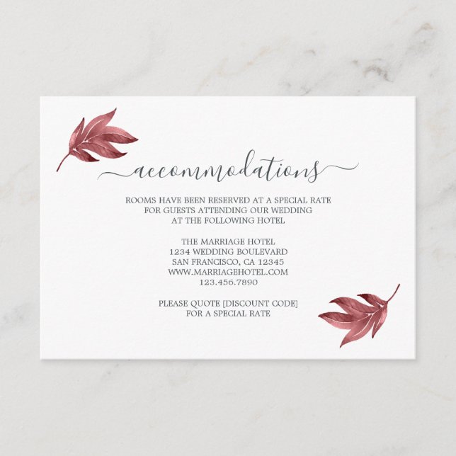 Chic Script Burgundy Leaf Wedding Information Enclosure Card (Front)