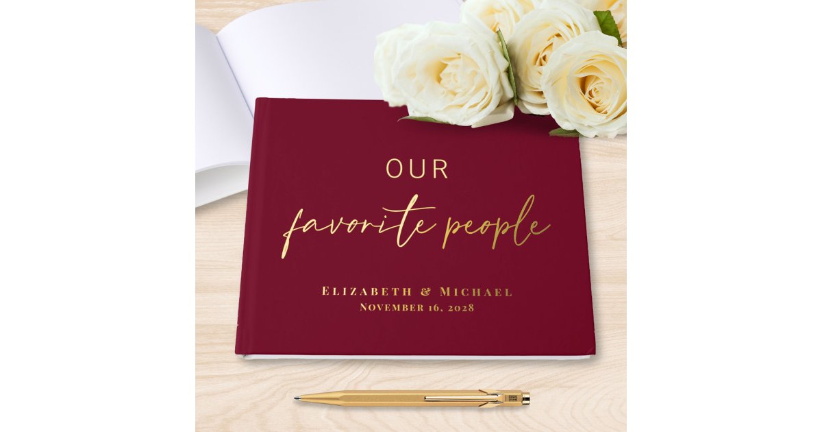 Chic Script Burgundy Photo Wedding Foil Guest Book | Zazzle