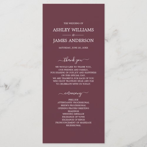 Chic Script Burgundy Simple Minimal Wedding Program